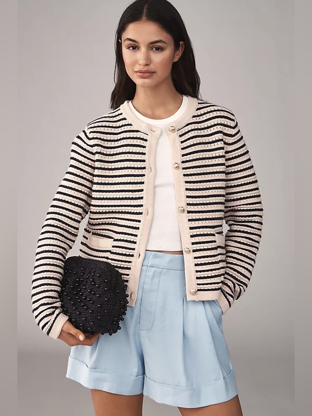 NVLT Knit Ladies Jacket NWT Classic Cream & Navy Front Patch Pockets Preppy SP